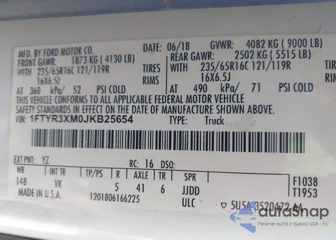 2018 Ford Transit-250 z USA, uszkodzony, nr VIN 1FTYR3XM0JKB25654